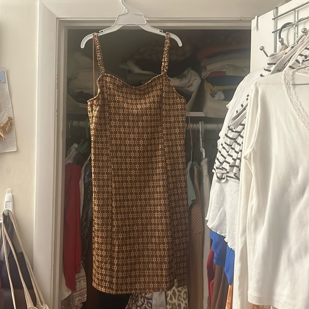 Brown Hippie Rose Spaghetti Strap Mini A-Line Dress with Brown Floral Design